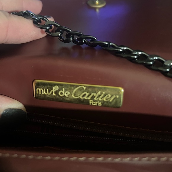 Cartier Burgundy Leather Shoulder Bag with Gold Plaque and Black Chain - Picture 2 of 3